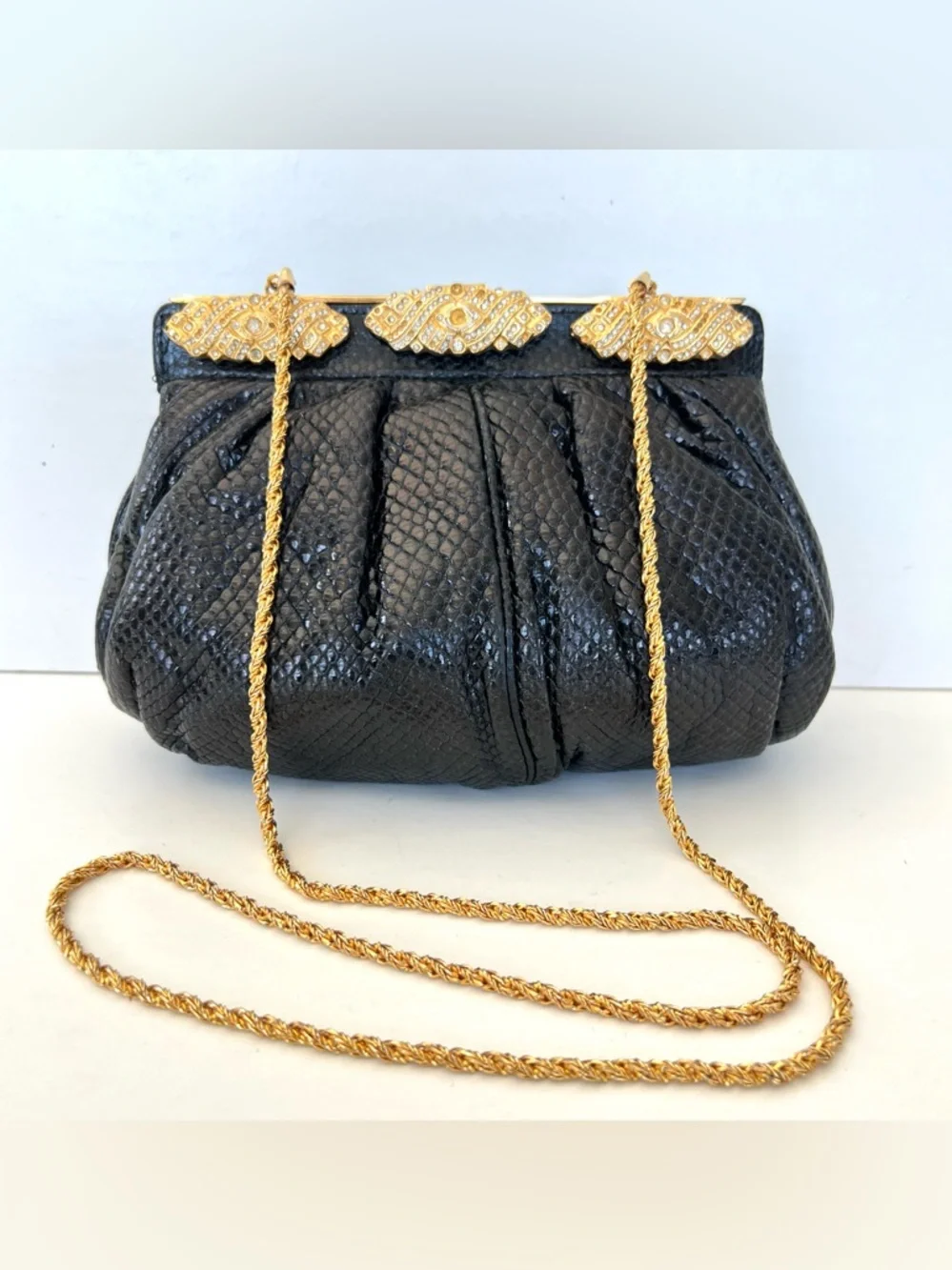 CAROL FIORI Italy Vintage Black Snake Leather Rhinestone Cocktail Evening Purse
